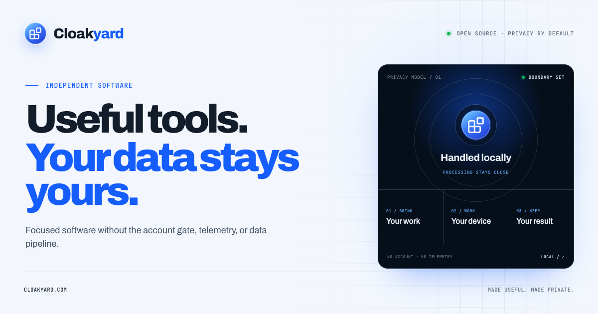 Cloakyard — useful tools, your data stays yours